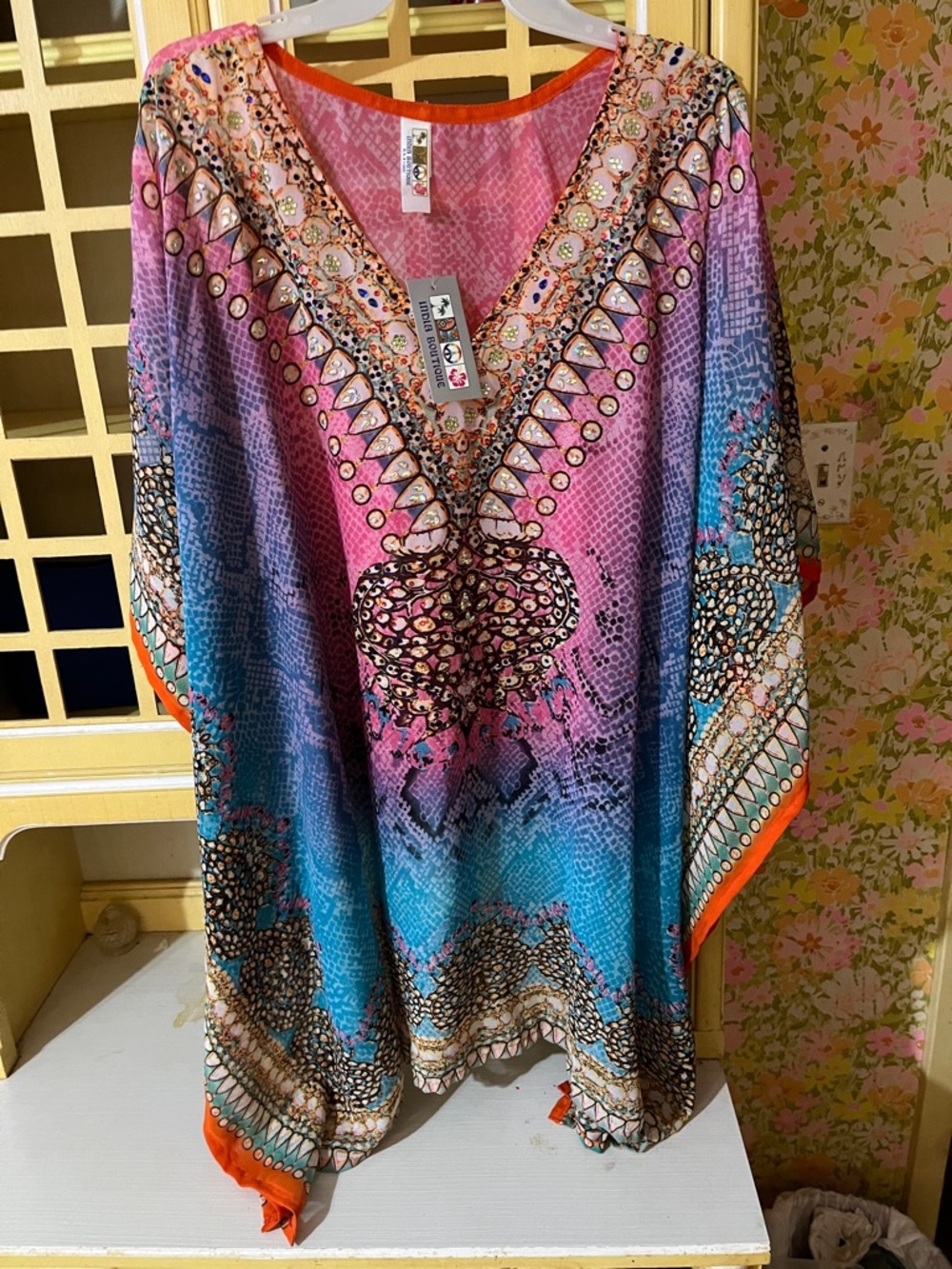 India Boutique Pink & Orange Embellished V-Neck Tunic